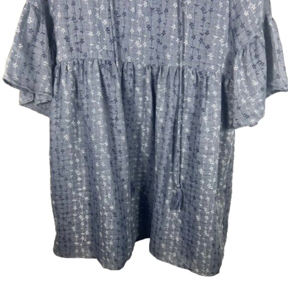 Umgee Womens Floral Chambray Baby Doll Dress Size M Blue Bell Sleeves Boho Twee - Picture 4 of 13